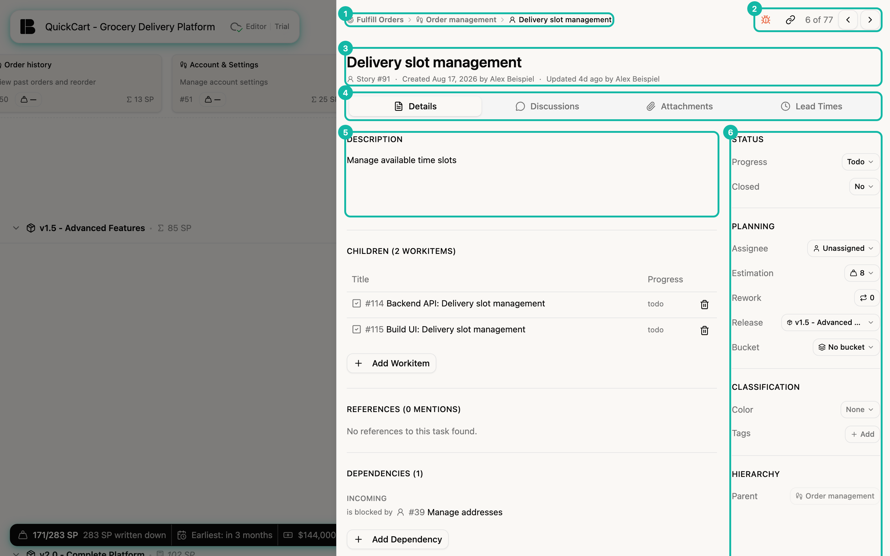 The detail view of the story Delivery slot management on the right edge, with six numbered highlights: breadcrumb, header actions, title, tabs, description and sidebar