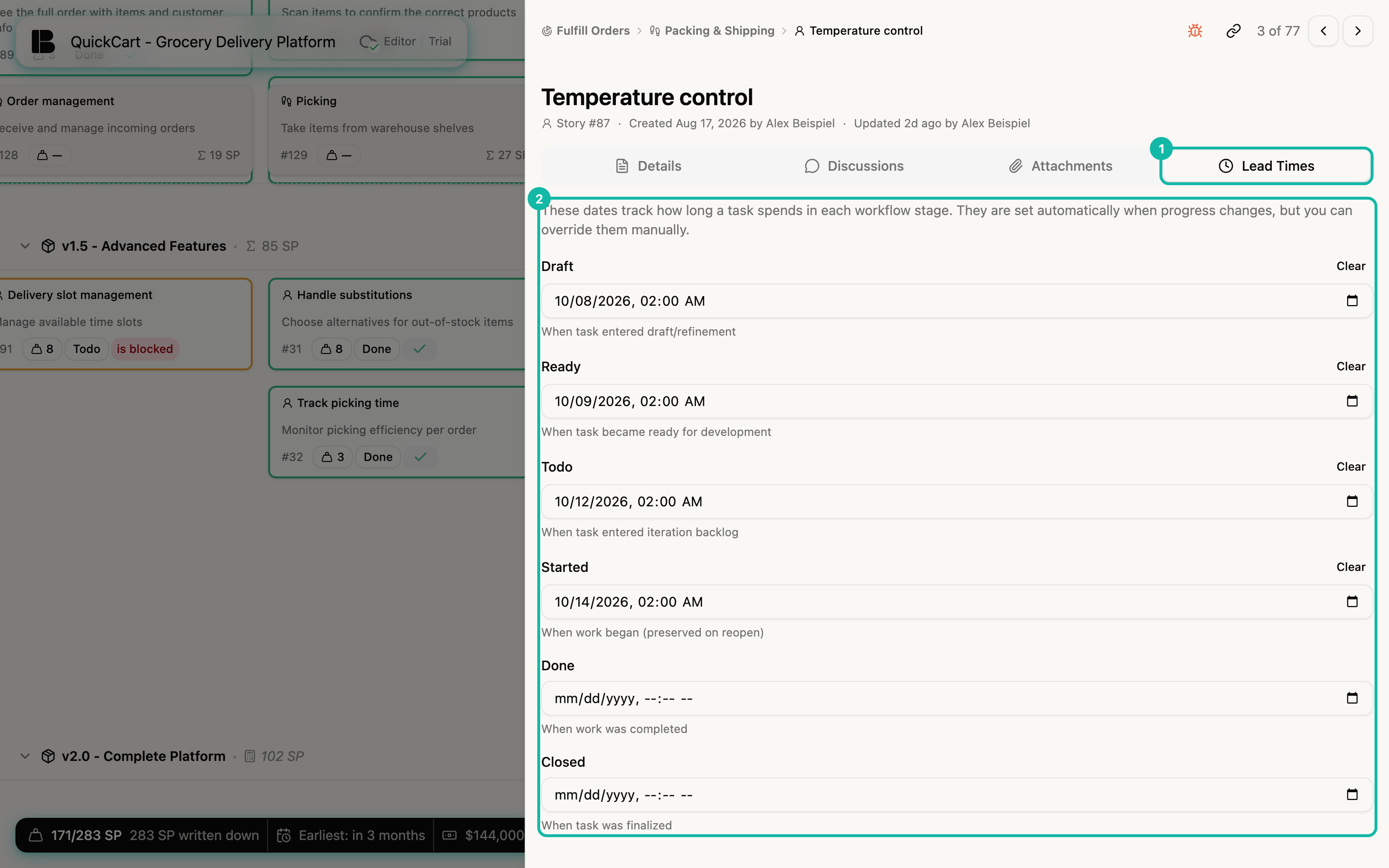 The detail view of the story Temperature control with the Lead Times tab open; the fields Draft, Ready, Todo and Started are filled with dates, Done and Closed are empty; tab and content are highlighted with numbers
