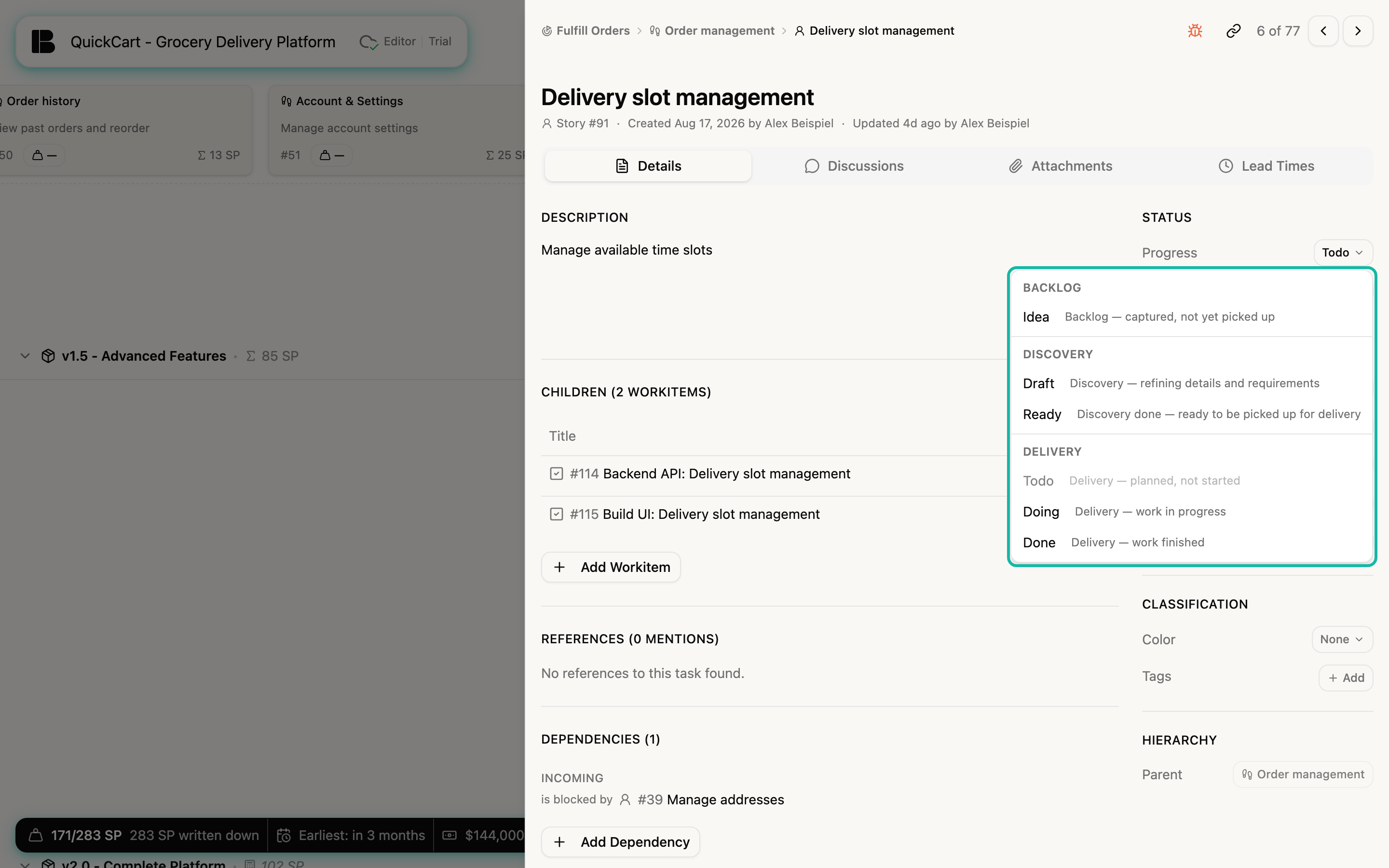 The detail view with the Progress selection menu open, divided into Backlog, Discovery and Delivery with the six states