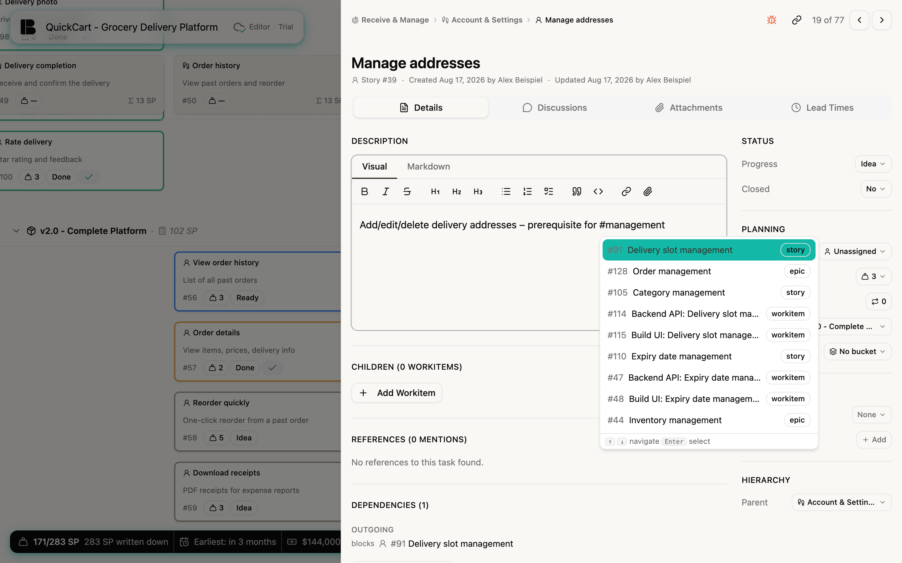 The open description editor of the story Manage addresses with the entered text “prerequisite for #management” and a selection list of tickets after the hash sign