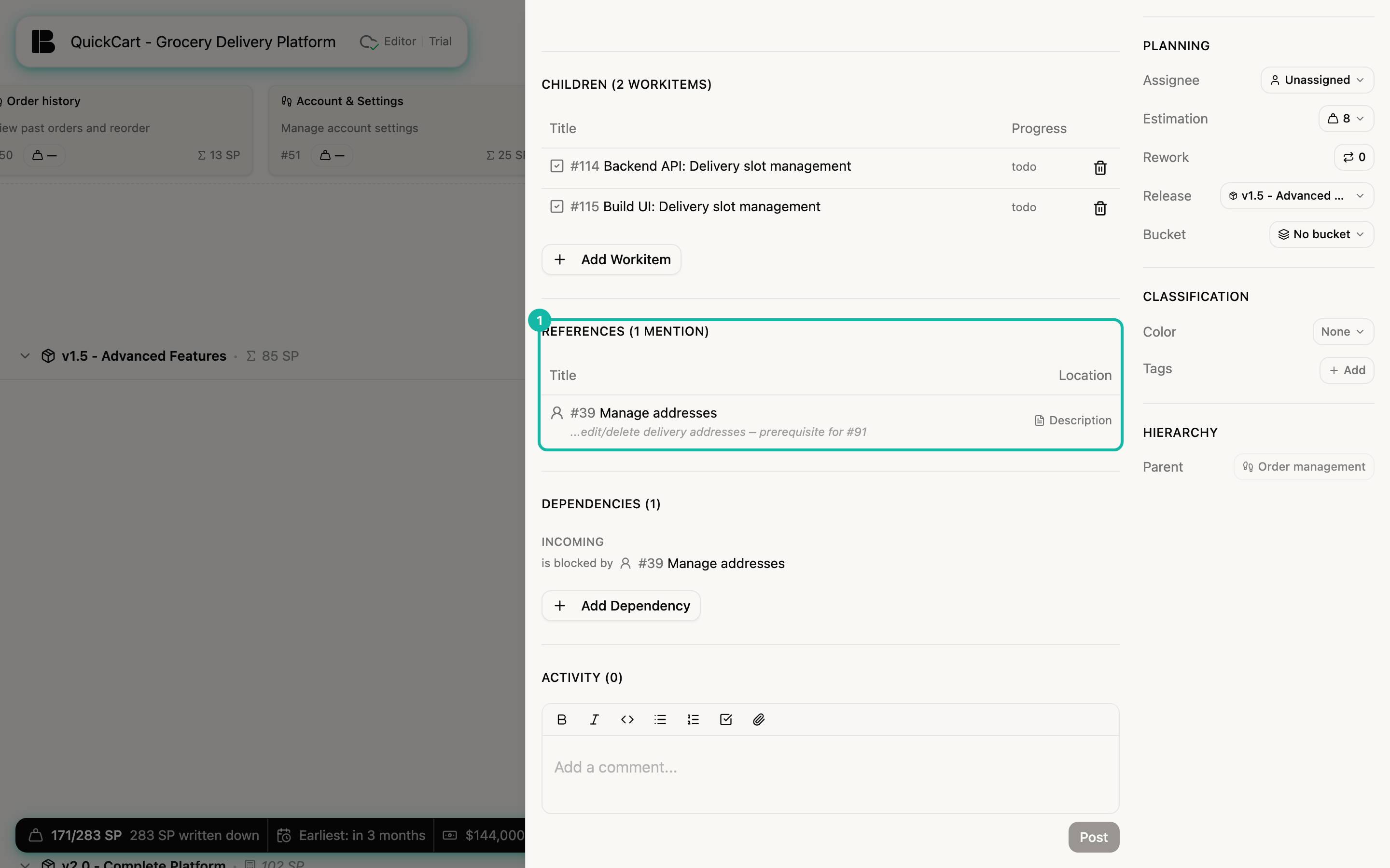The References section of the story Delivery slot management with one entry: Manage addresses, with a text snippet and the location Description; the section is highlighted