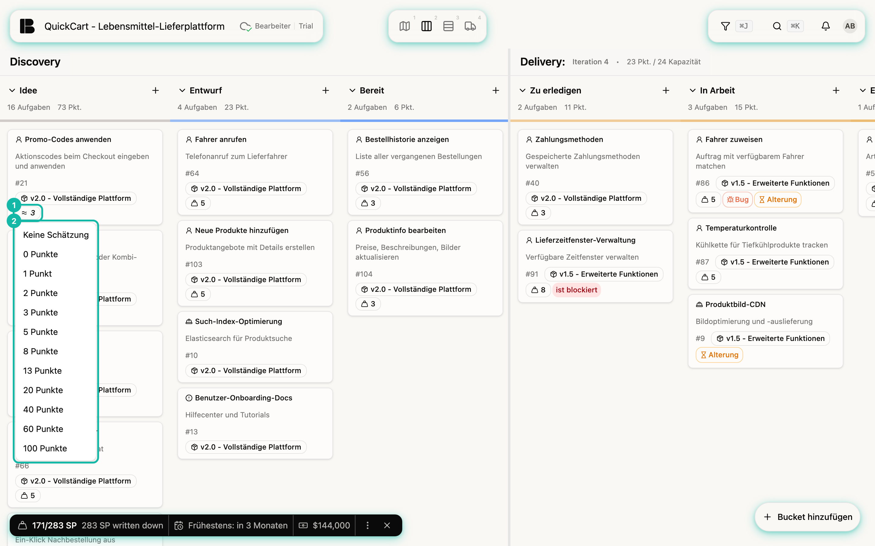 Das Backlog-Kanban mit geöffneter Auswahlliste an der Karte Promo-Codes anwenden; markiert sind die Schätzungsanzeige der Karte (1) und die Liste von Keine Schätzung bis 100 Punkte (2)