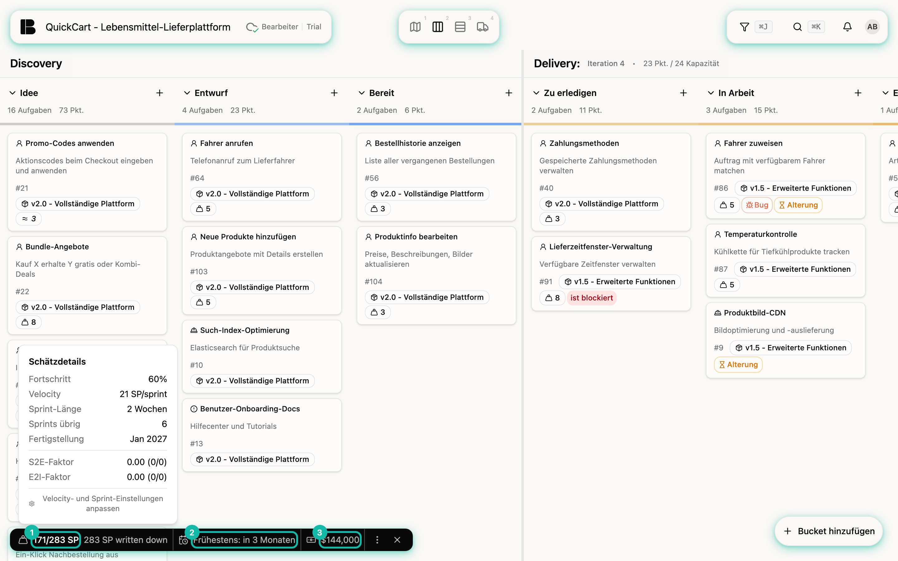 Das Backlog-Kanban mit der dunklen Leiste unten links; darüber der geöffnete Tooltip Schätzdetails mit Fortschritt, Velocity, Iterationslänge, verbleibenden Iterationen, Fertigstellung und den Faktoren S2E und E2I; markiert sind die Punkteanzeige 171/283 SP (1), die Prognose Frühestens in 3 Monaten (2) und der Restbetrag (3)