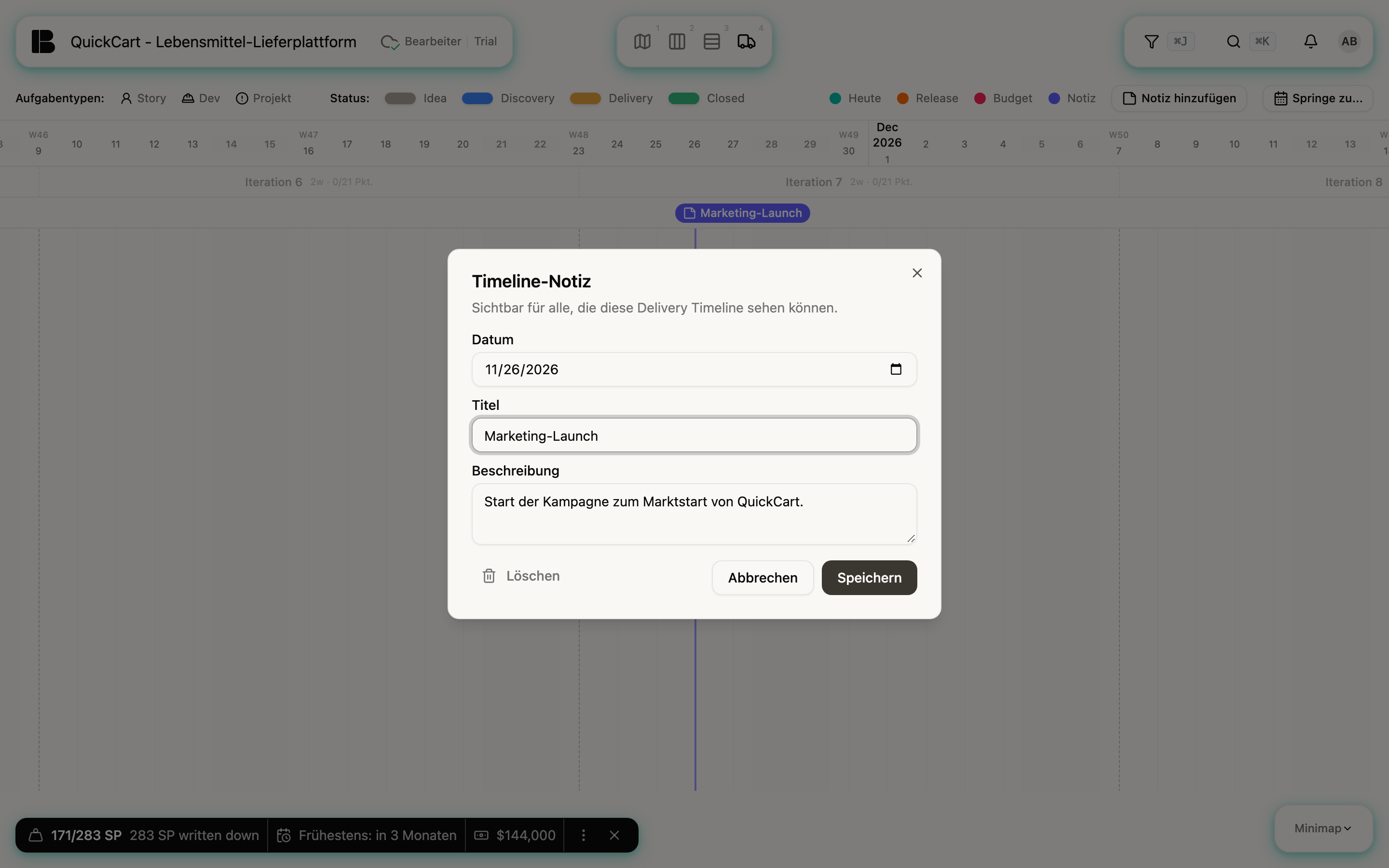 Die Delivery Timeline, auf Ende November gescrollt: in der Markenzeile steht die violette Notiz Marketing-Launch, darüber ist der Dialog Timeline-Notiz geöffnet mit den Feldern Datum (26.11.2026), Titel (Marketing-Launch) und Beschreibung (Start der Kampagne zum Marktstart von QuickCart) sowie den Schaltflächen Löschen, Abbrechen und Speichern