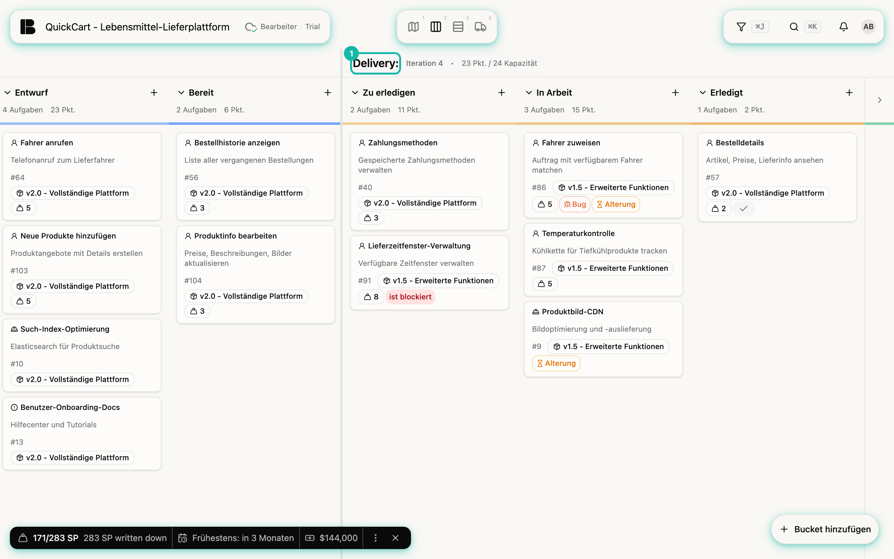 Das Backlog-Kanban von QuickCart mit den Spalten Entwurf, Bereit, Zu erledigen, In Arbeit und Erledigt; die Kopfzeile Delivery ist hervorgehoben
