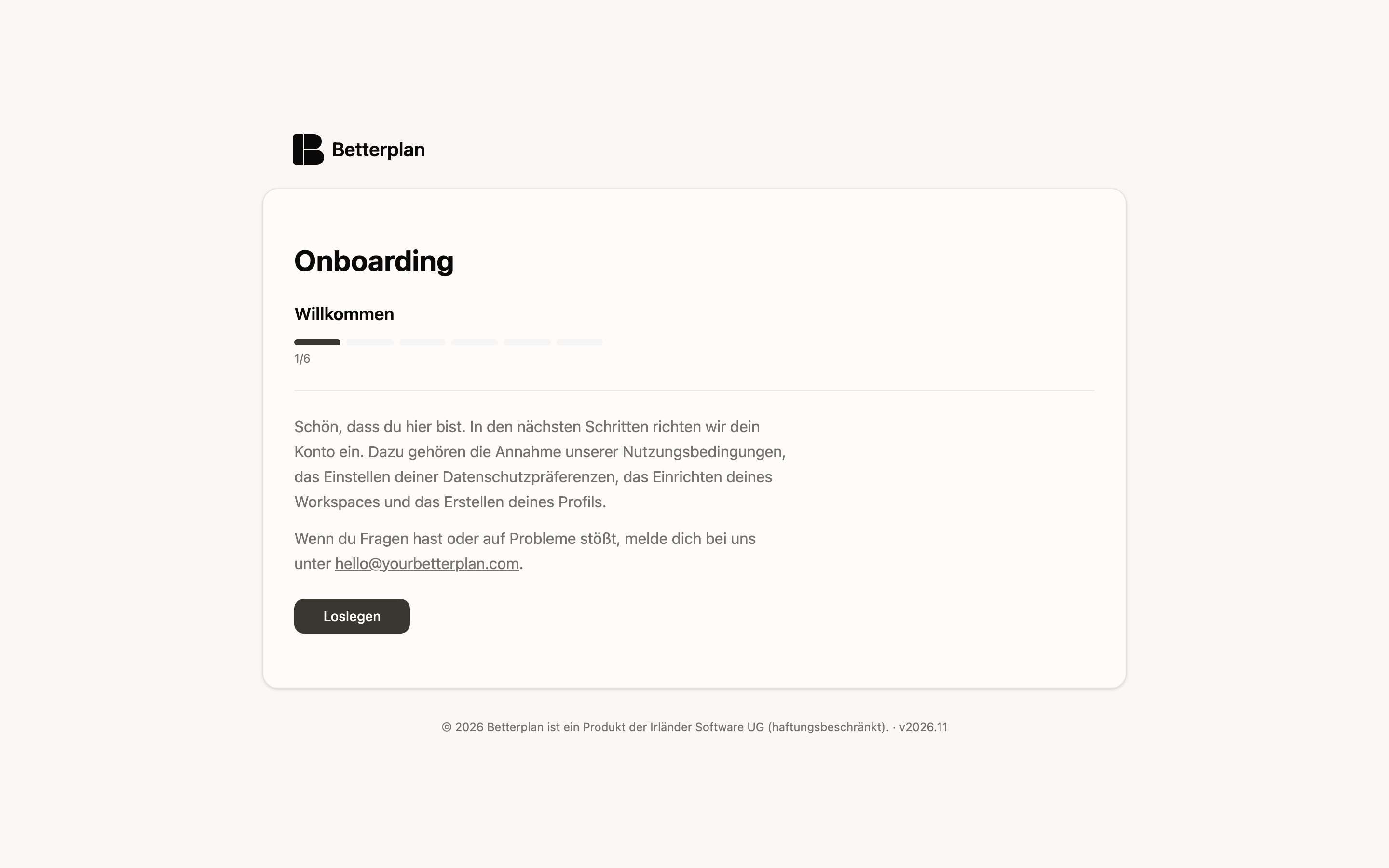 Der erste Onboarding-Schritt Willkommen mit Fortschrittsanzeige 1/6