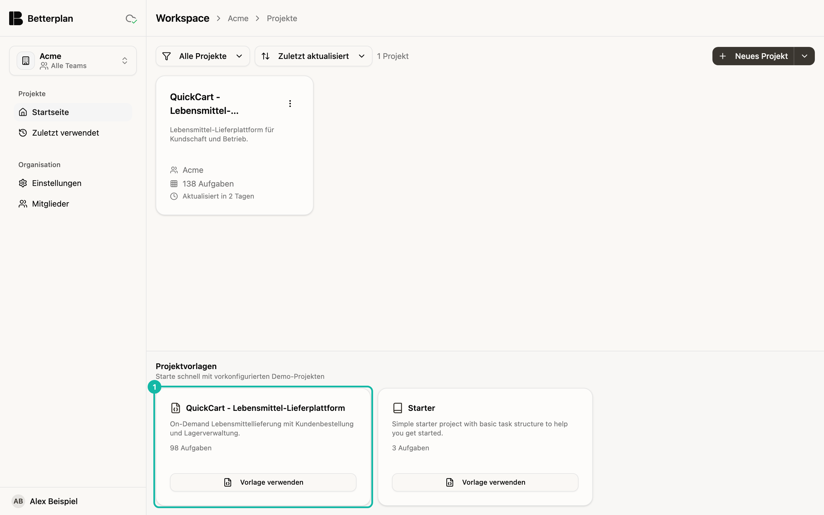 Die Projektvorlagen QuickCart und Starter unter der Projektliste, QuickCart hervorgehoben