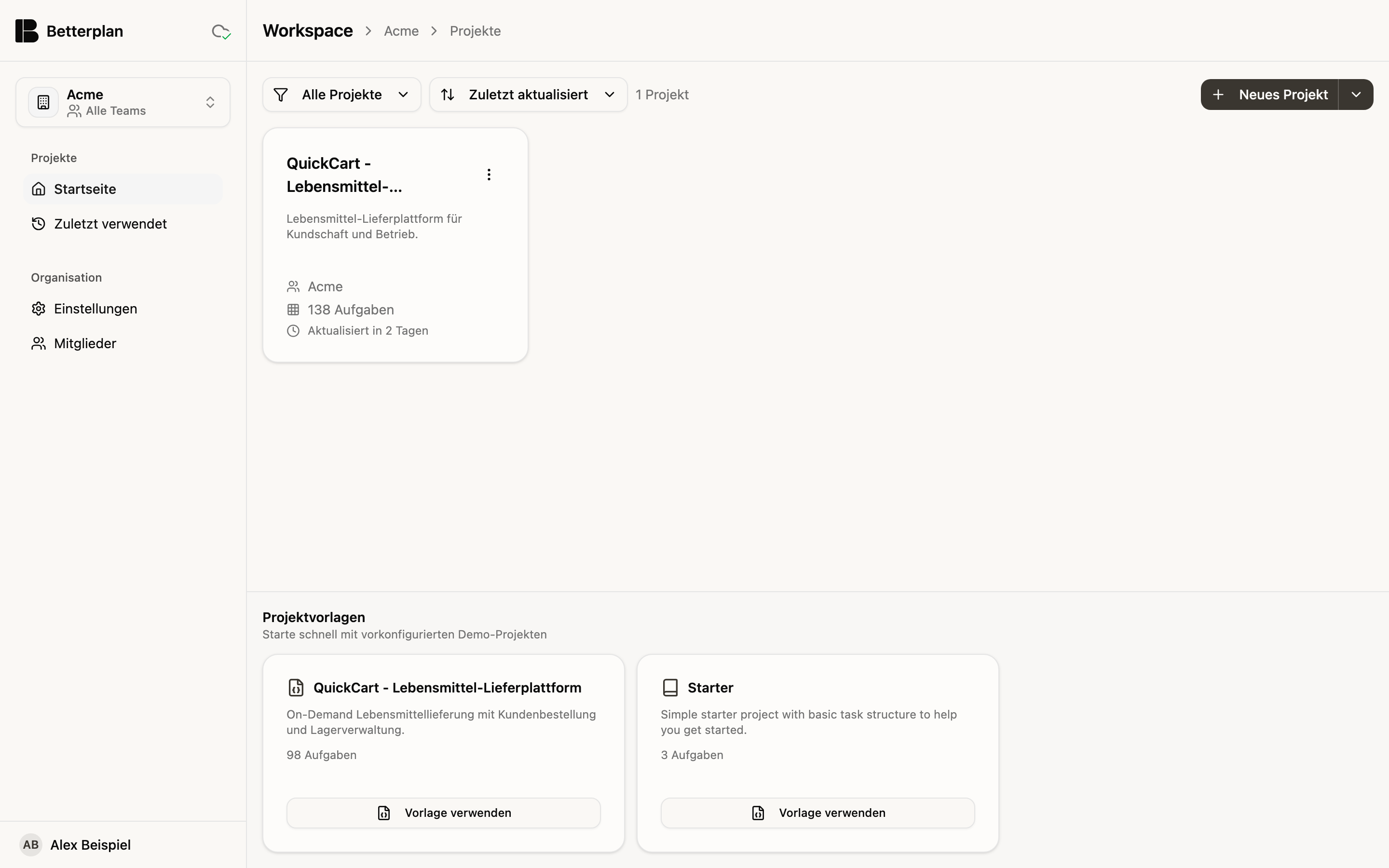 Die Projektliste des Workspace mit einer Projektkarte und den Projektvorlagen darunter
