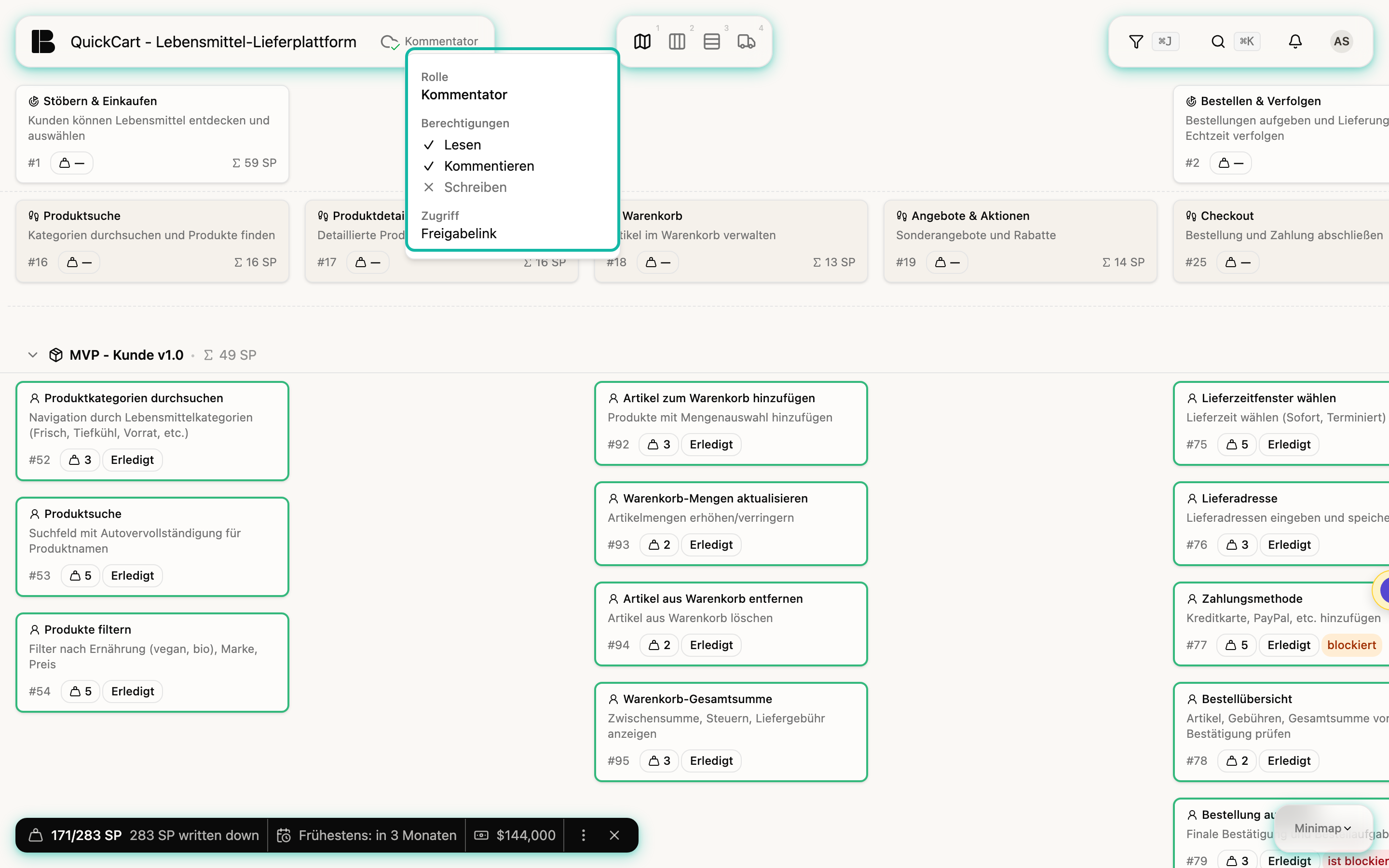 Das Storyboard von QuickCart in der Gastansicht. Im Projektkopf steht neben dem Projektnamen der Zugriff Kommentator; ein Fenster darunter zeigt die Rolle Kommentator mit den Berechtigungen Lesen und Kommentieren (abgehakt) und Schreiben (durchgestrichen) sowie den Zugriff Freigabelink. Rechts im Kopf zeigt ein Avatar mit den Initialen AS den Gast. Das Fenster ist markiert.