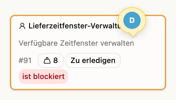 Die Story-Karte Lieferzeitfenster-Verwaltung mit einer gelben Sprechblase am oberen Rand, in der ein Avatar steht.