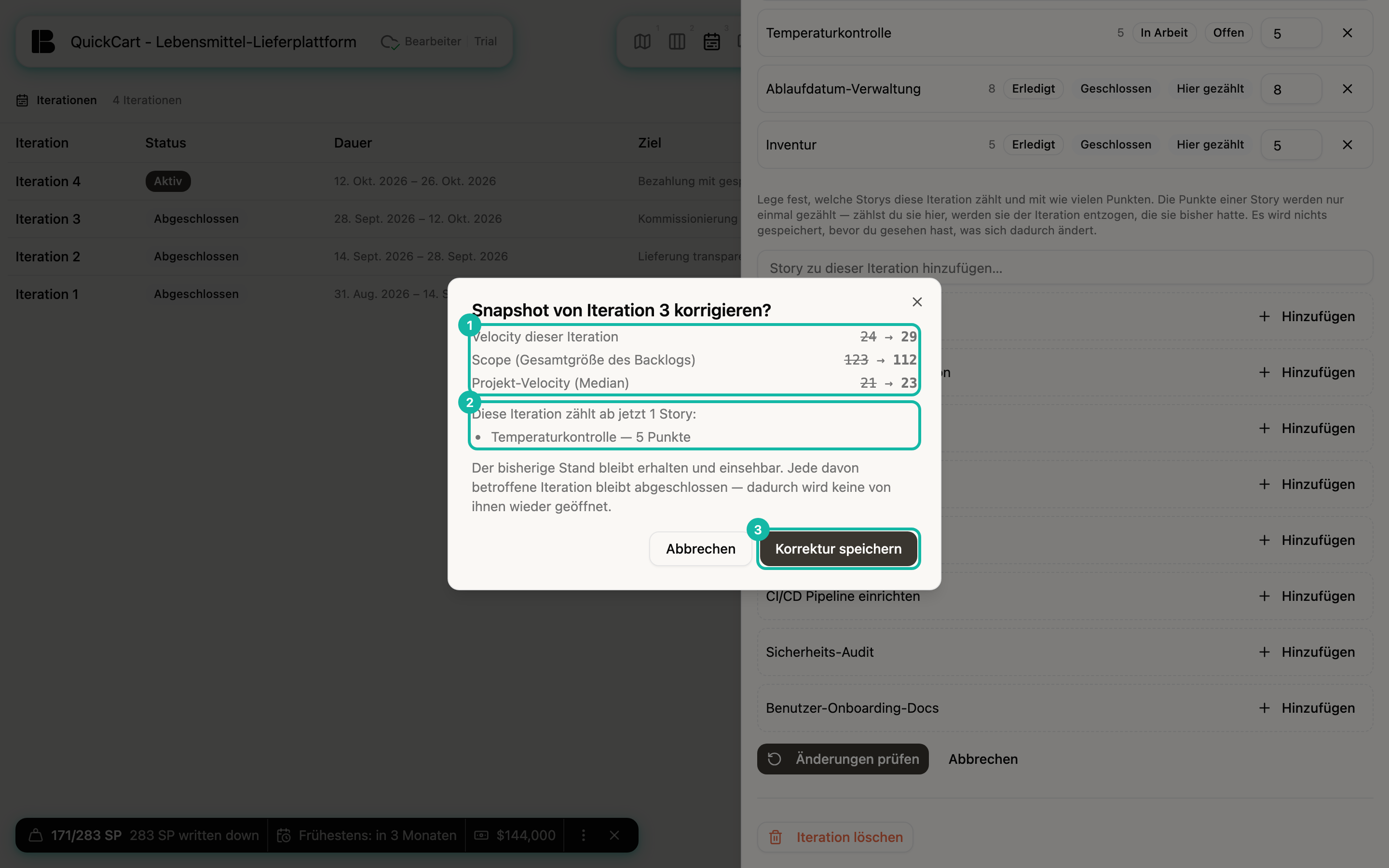 Die Seitenleiste von Iteration 3 im Korrekturmodus; darüber der Dialog Snapshot von Iteration 3 korrigieren? mit den Kennzahlen Velocity 24 zu 29, Scope und Projekt-Velocity (1), dem Satz, dass die Iteration ab jetzt Temperaturkontrolle mit 5 Punkten zählt (2), und dem Button Korrektur speichern (3)