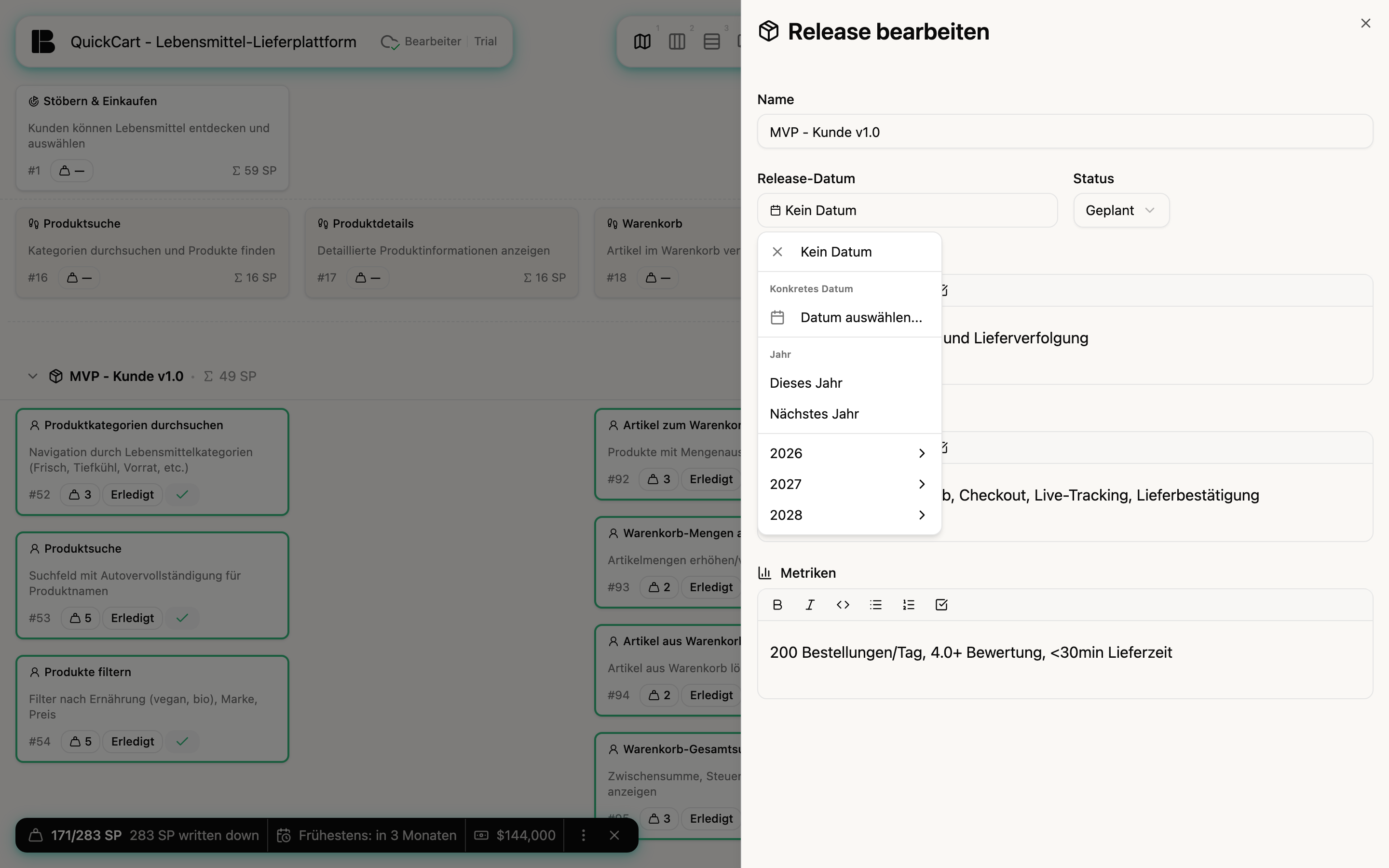 Das Panel Release bearbeiten mit geöffnetem Datumsmenü: die Einträge Kein Datum, unter der Überschrift Konkretes Datum der Eintrag Datum auswählen, unter der Überschrift Jahr die Einträge Dieses Jahr und Nächstes Jahr sowie die Untermenüs 2026, 2027 und 2028