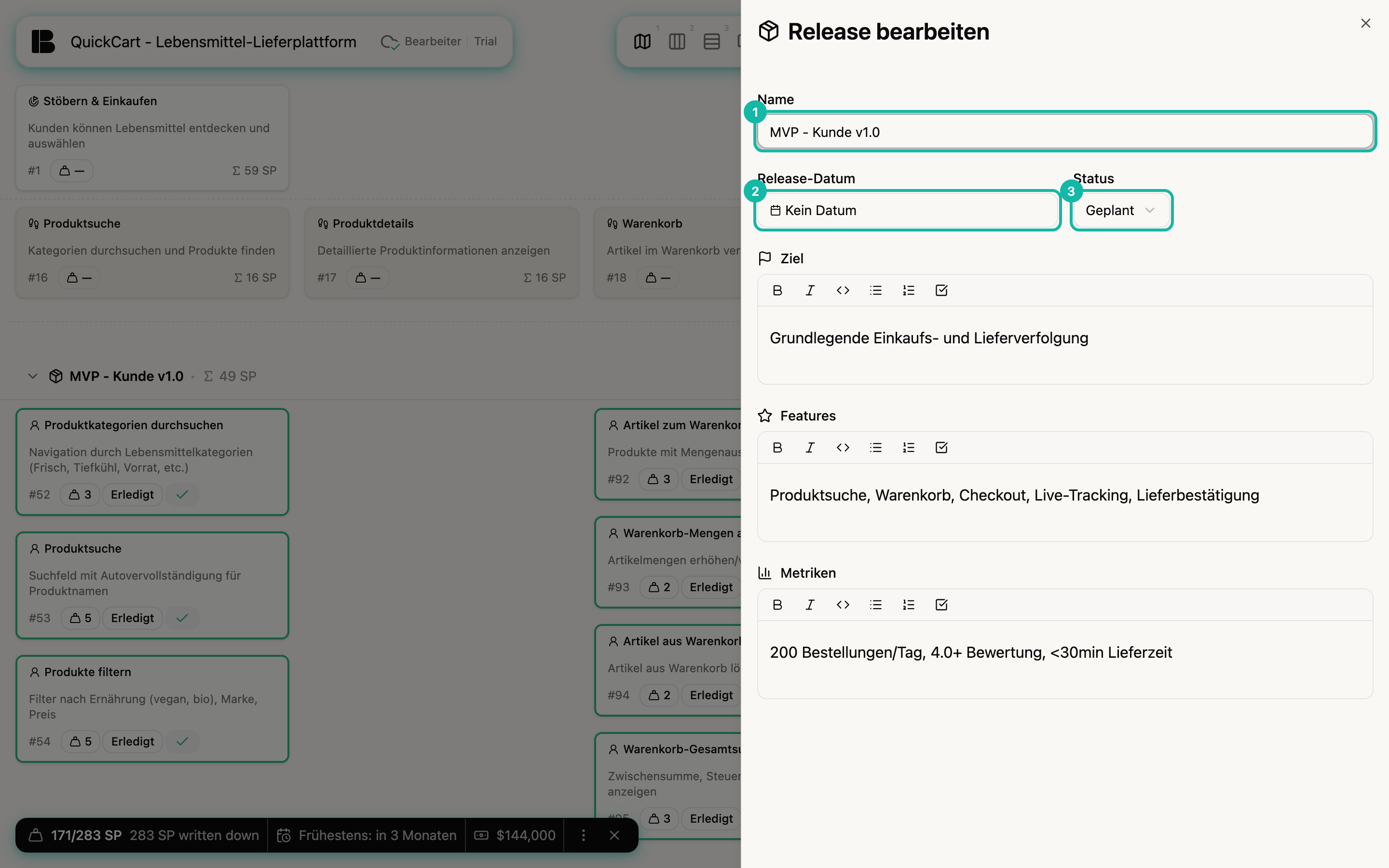 Das Seitenpanel Release bearbeiten für MVP - Kunde v1.0 über dem Storyboard: das Feld Name (1), das Datumsfeld mit dem Eintrag Kein Datum (2) und die Auswahl Status mit dem Eintrag Geplant (3); darunter folgen die Felder Ziel, Features und Metriken mit ihren Texten