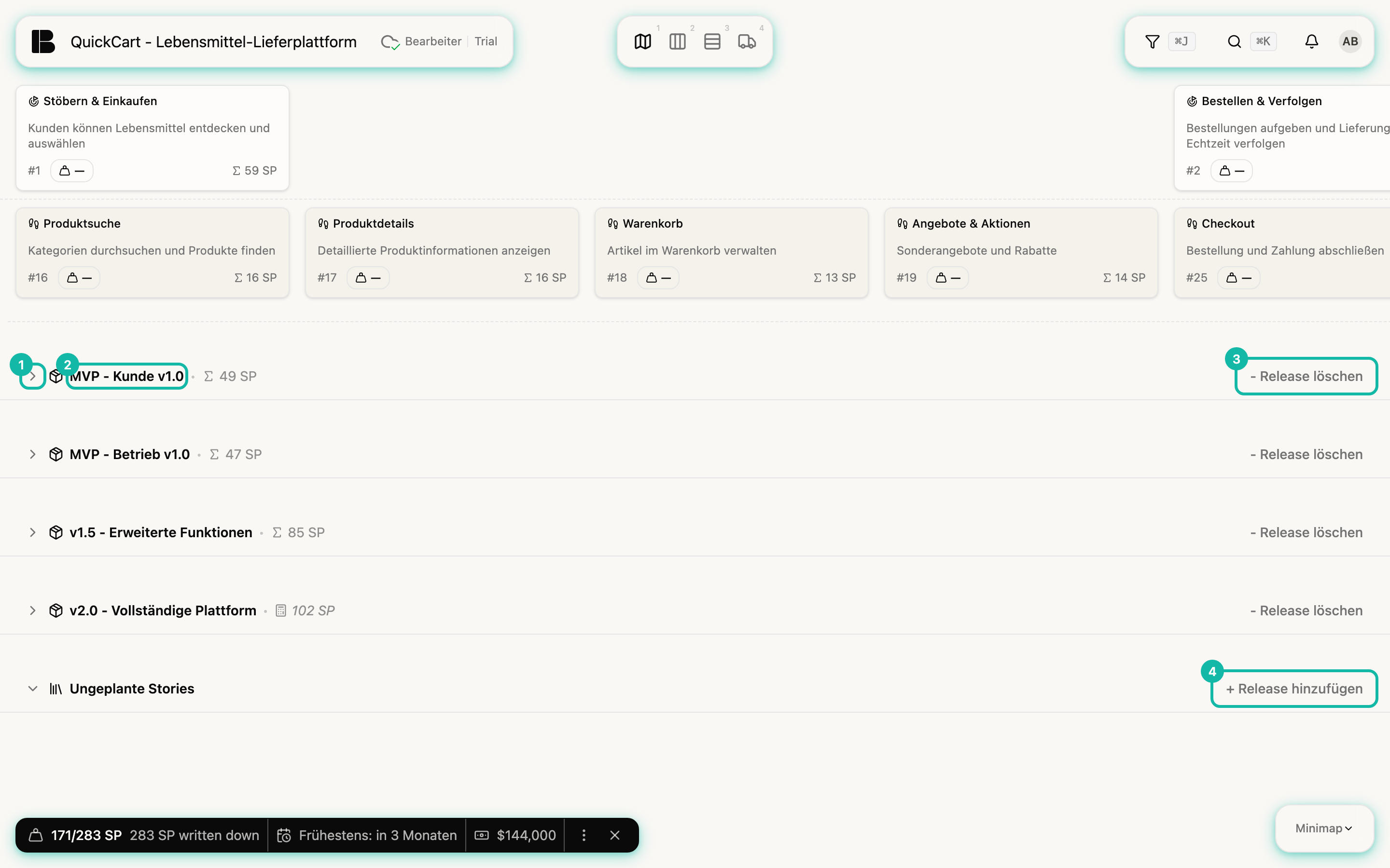 Das Storyboard mit vier eingeklappten Release-Zeilen (MVP - Kunde v1.0, MVP - Betrieb v1.0, v1.5 - Erweiterte Funktionen, v2.0 - Vollständige Plattform) und der ausgeklappten Zeile Ungeplante Stories; hervorgehoben sind der Pfeil vor MVP - Kunde v1.0 (1), der Name (2), die Schaltfläche - Release löschen (3) und die Schaltfläche + Release hinzufügen (4)
