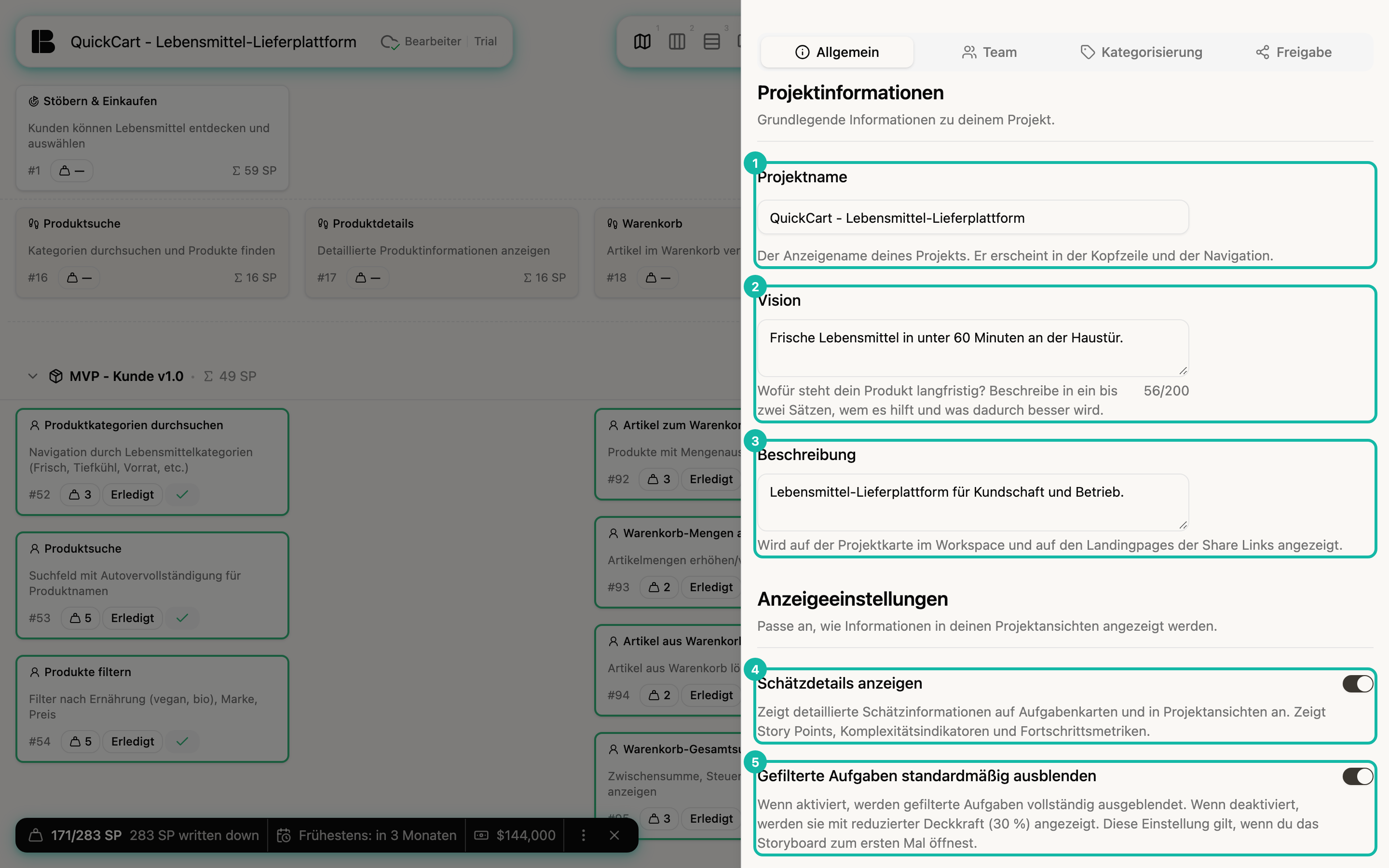 Der Reiter Allgemein der Projekteinstellungen von QuickCart. Unter Projektinformationen stehen die Felder Projektname (1), Vision (2) mit dem Zähler 56/200 und Beschreibung (3); unter Anzeigeeinstellungen die beiden eingeschalteten Schalter Schätzdetails anzeigen (4) und Gefilterte Aufgaben standardmäßig ausblenden (5). Die fünf Bereiche sind markiert.