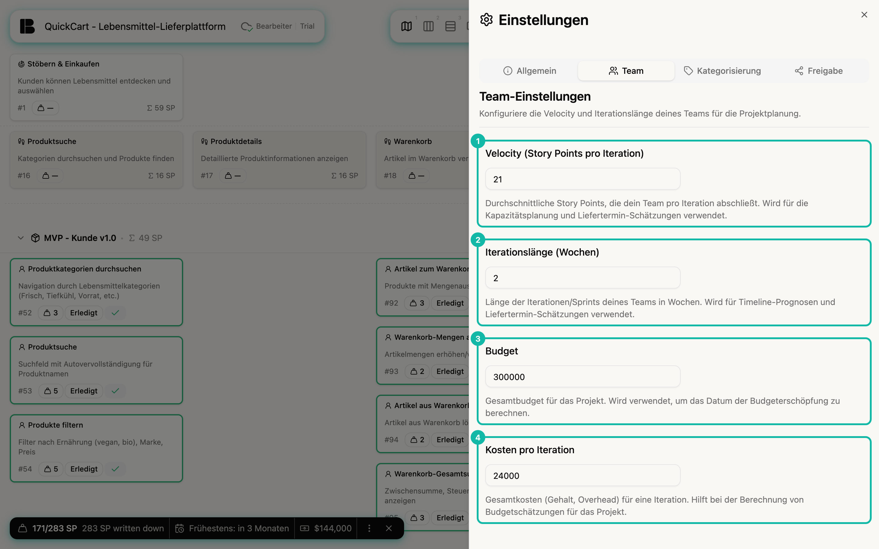 Der Reiter Team der Projekteinstellungen von QuickCart. Die vier Felder Velocity (Story Points pro Iteration) mit dem Wert 21 (1), Iterationslänge (Wochen) mit 2 (2), Budget mit 300000 (3) und Kosten pro Iteration mit 24000 (4) sind markiert, jeweils mit einem Hilfetext.