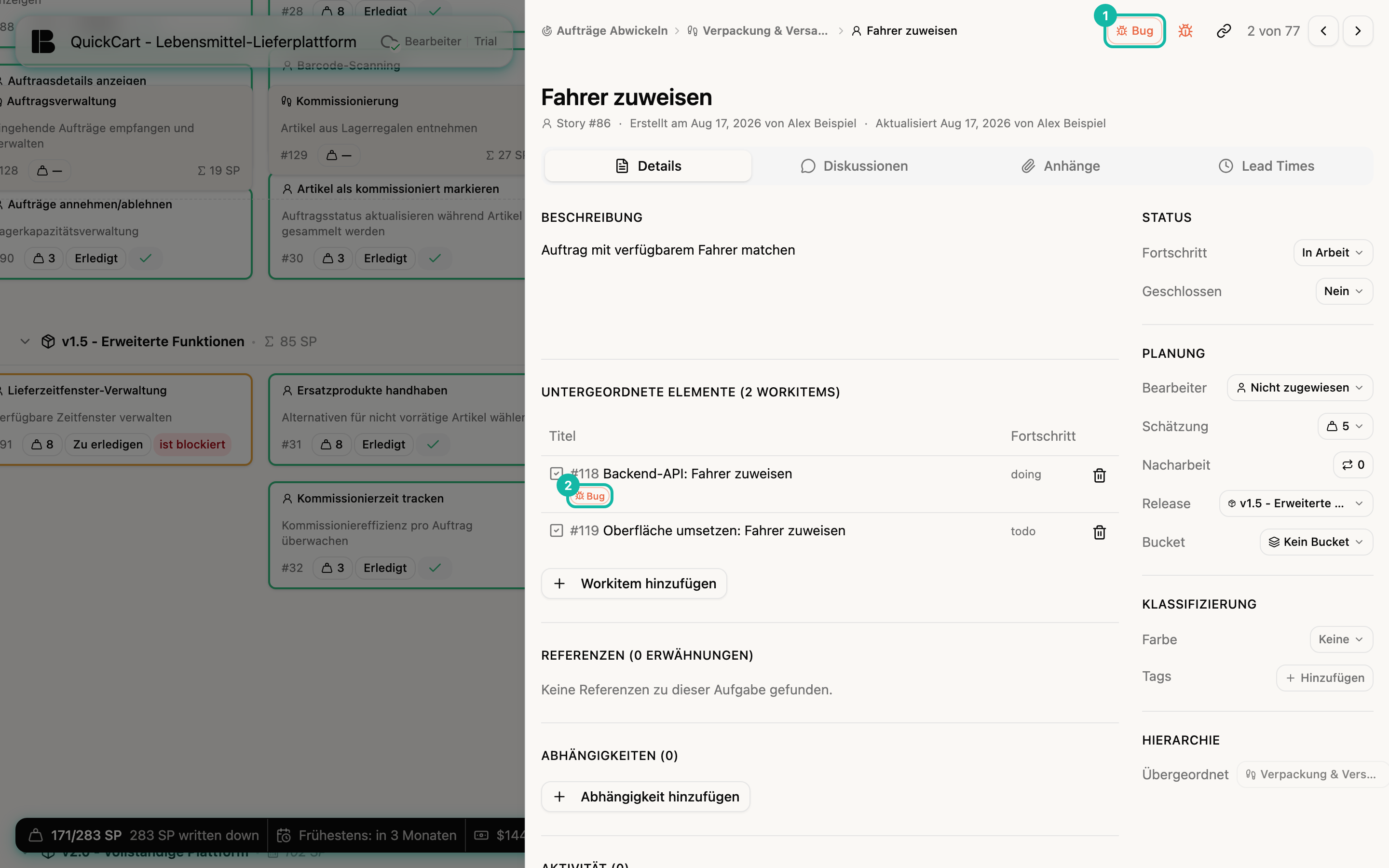 Die Detailansicht der Story Fahrer zuweisen mit einem Badge Bug im Kopf neben dem Käfer-Symbol und der Kinderliste, in der das Workitem Backend-API: Fahrer zuweisen die Kennzeichnung Bug trägt; beide Kennzeichnungen sind nummeriert hervorgehoben