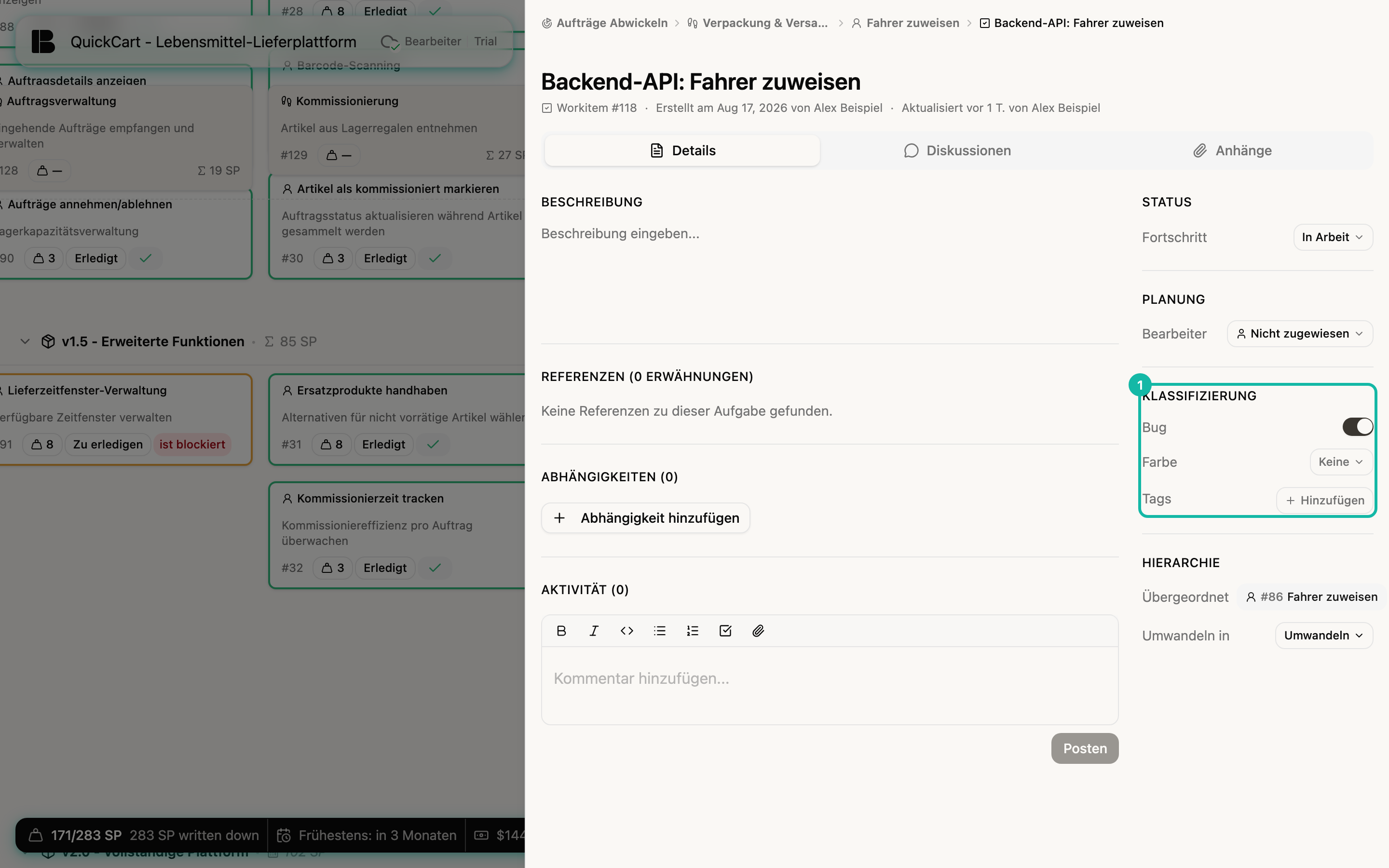 Die Detailansicht des Workitems Backend-API: Fahrer zuweisen; die Gruppe Klassifizierung der Seitenleiste mit eingeschaltetem Schalter Bug, der Farbe Keine und den Tags ist hervorgehoben